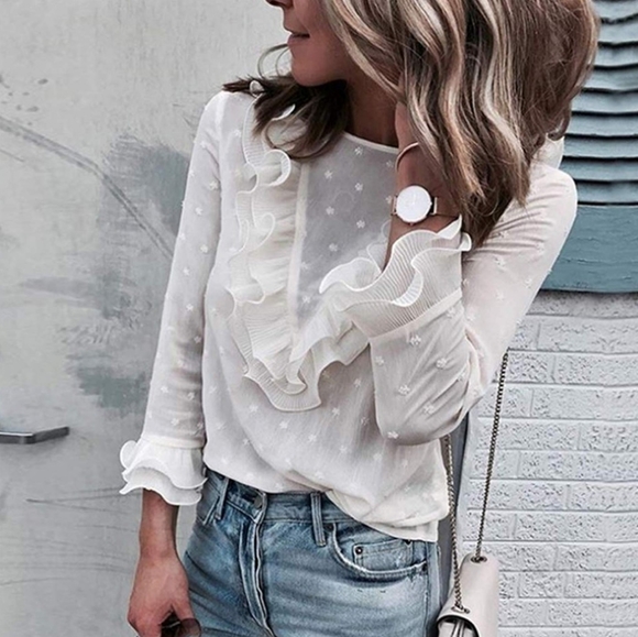 New BOHO Ruffled Swiss Dot Sheer Lace Top … - Picture 3 of 11